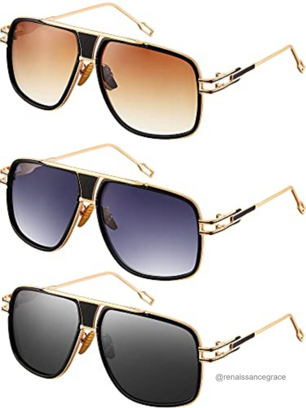 Men's Oversized Sunglasses Retro Square Shield Metal Frame UV Protection 3 Pack